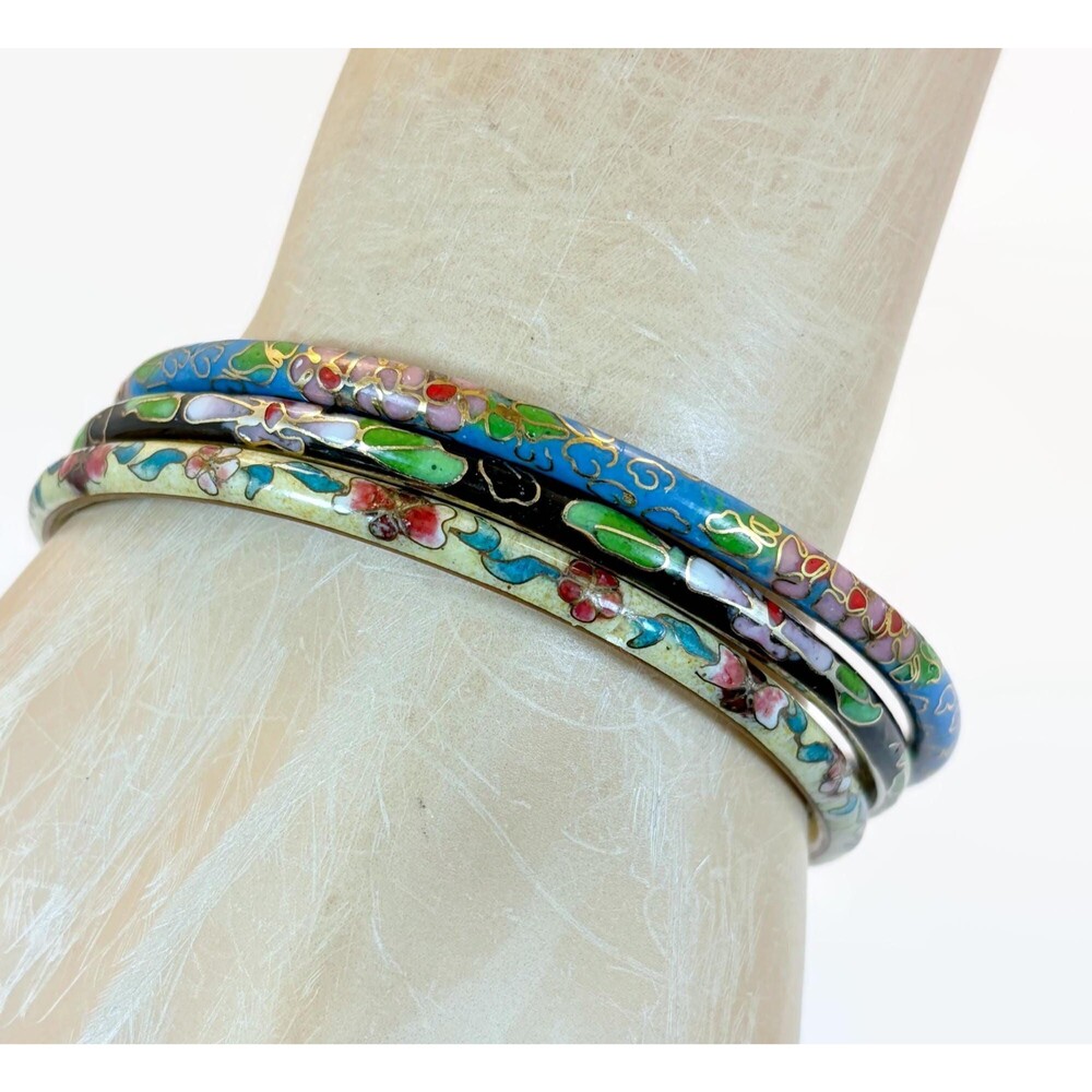 Vintage Asian Cloisonne Bangle Bracelets, Bohemian Stack Set, Blue Black Flower - Picture 5 of 6